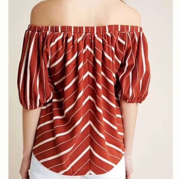 ANTHROPOLOGIE ANTHRO Elodie Off the Shoulder Top Terracotta Rust Red Stripe Boho - Picture 4 of 12